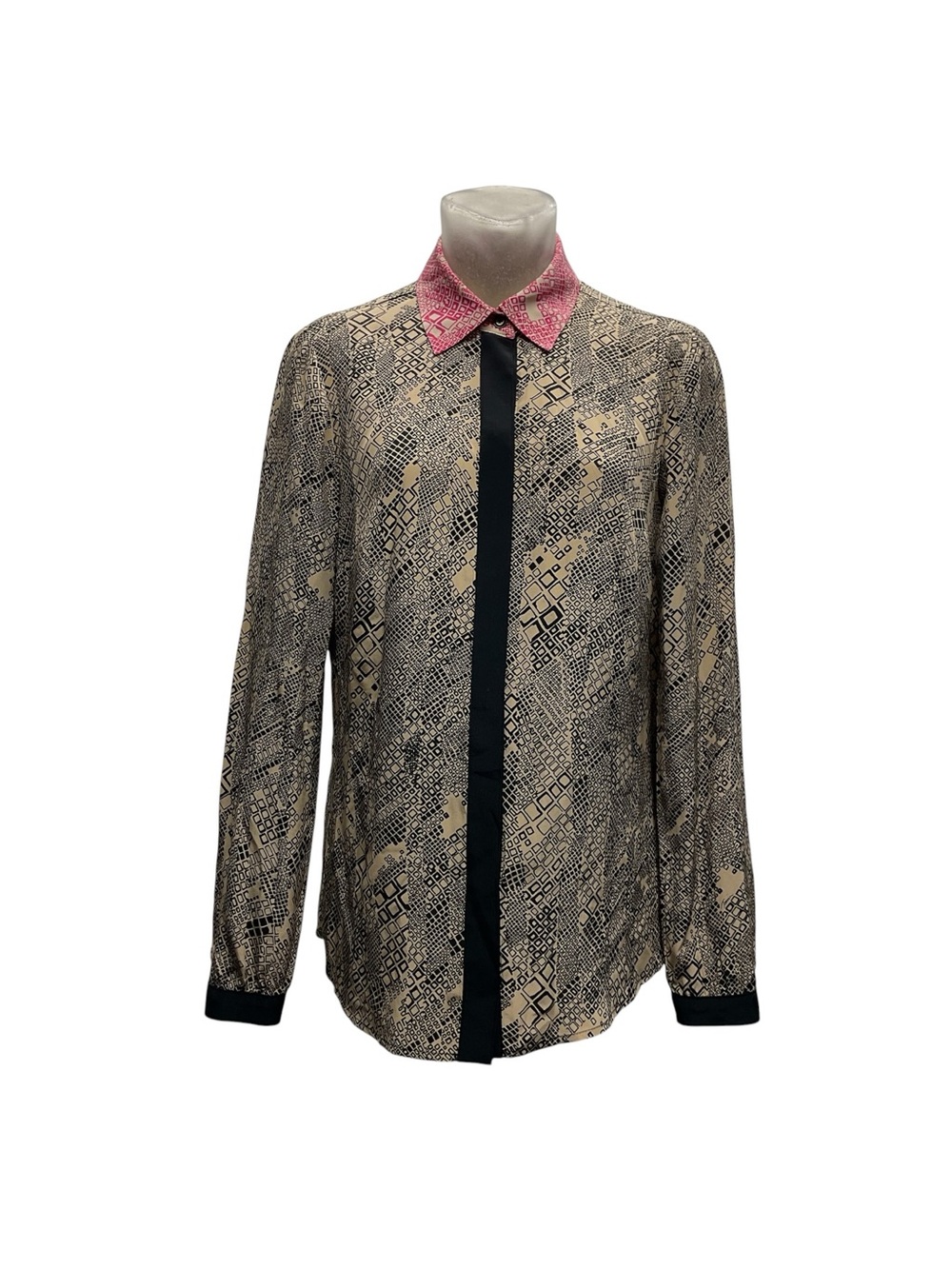 Trina Turk Silk Button up  Blouse size S geometric Pattern tan-black Preppy Chic